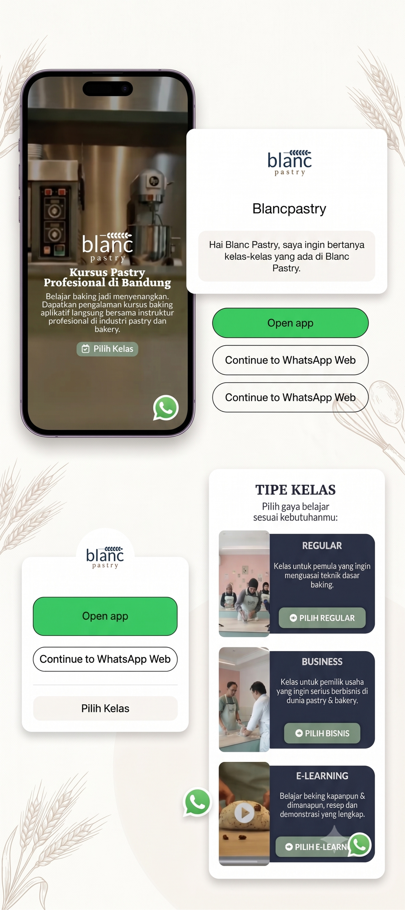 Tampilan pengalaman digital Blancpastry dan pilihan kelas pastry