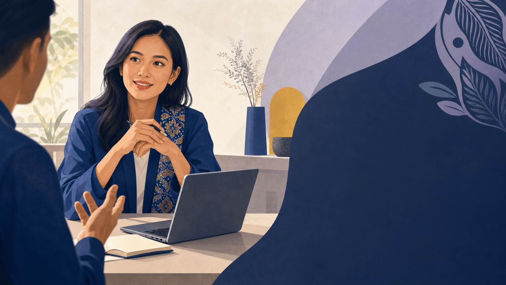 Client perempuan Asia Tenggara berdiskusi dengan konsultan di kantor