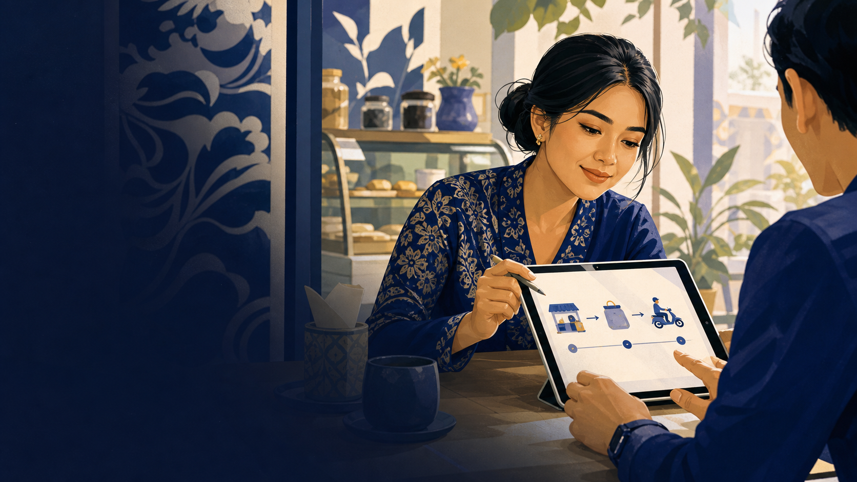 Client perempuan Asia Tenggara membahas alur bisnis di meja kafe