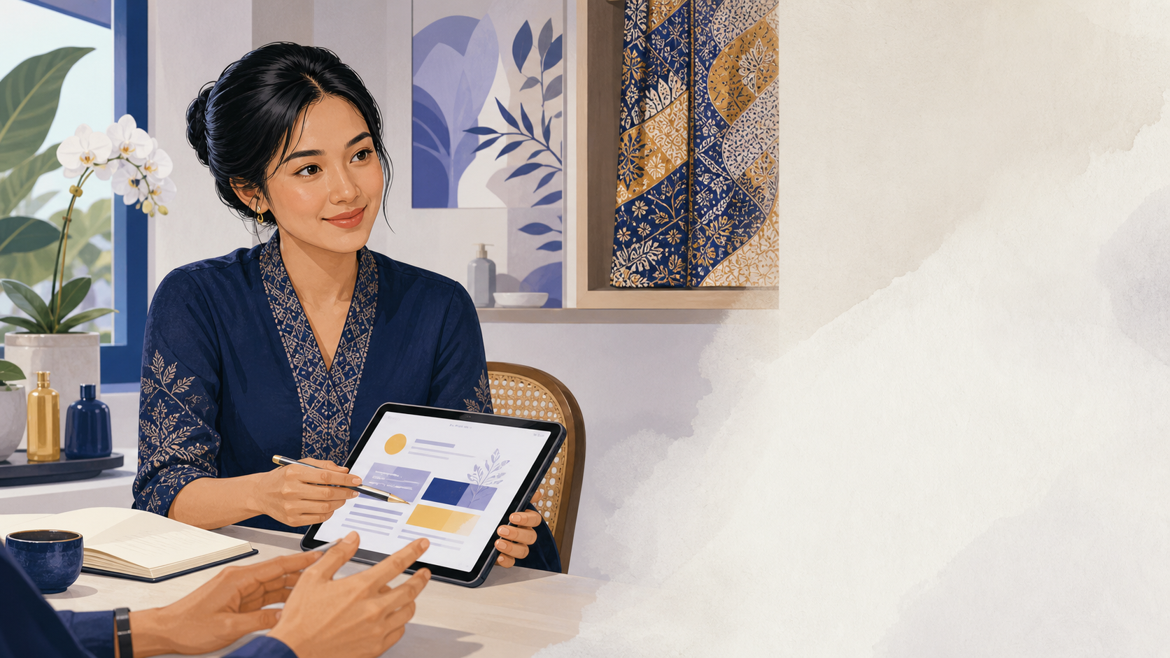 Client perempuan Asia Tenggara meninjau rencana layanan bersama konsultan